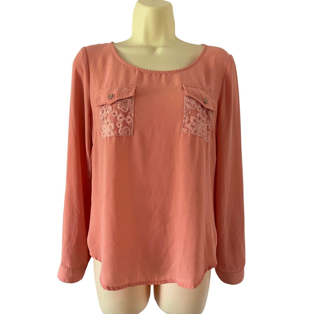 Mine Peach Blouse Lace Insets Size Medium Convertible Sleeve Dressy Office
